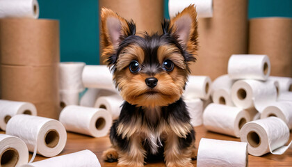 A small cute cartoon Yorkshire Terrier puppy with big eyes sits among the rolls of toilet paper. - obrazy, fototapety, plakaty
