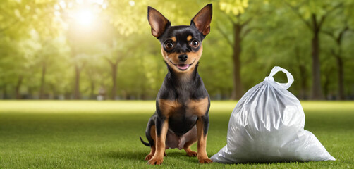 A small cute cartoon toy terrier puppy holds a bag in his paws against the backdrop of a city park. The dog cleans up its poop. Pet toilet in a public place