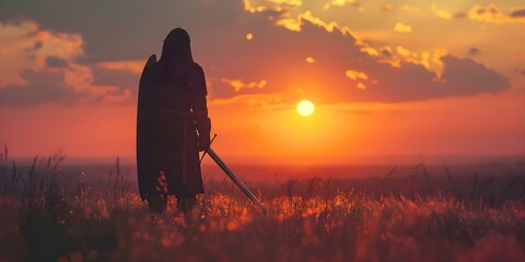 Knight watching the sunrise after keeping watch all night. Concept Warrior at Dawn, Knight's Vigil, Morning Sentinel, Sunlit Guardian, Knightly Sunrise