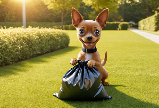 A small cute cartoon toy terrier puppy holds a bag in his paws against the backdrop of a city park. The dog cleans up its poop. Pet toilet in a public place