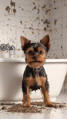 cartoon dog of the Yorkshire terrier breed sits in a white dirty bathtub. Dirty puppy from a walk