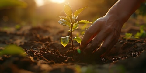 Planting a young tree at sunrise symbolizes growth and care in gardening representing new beginnings. Concept Gardening, Tree Planting, Sunrise, Symbolism, New Beginnings
