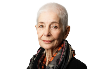 Studio portrait of a beautiful old mature Caucasian Americana woman in casual look with an attractive smile, isolated on transparent png background