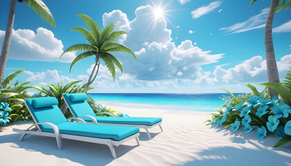 Beach white beautiful tropical  sand two sun loungers on background 7