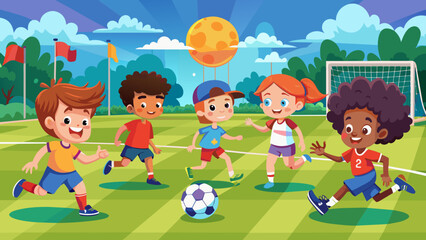 Obraz na płótnie Canvas kids soccer game boys playing soccer football on