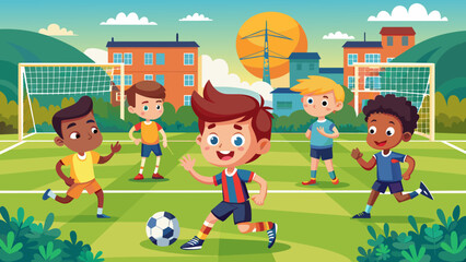 kids soccer game boys playing soccer football on
