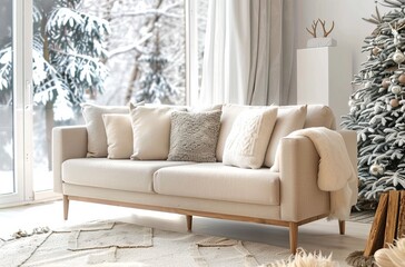 Beige sofa with wooden legs and light colored cushions in a modern living room near a window with winter trees outside
