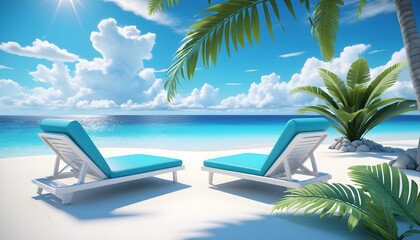 Beach white beautiful tropical  sand two sun loungers on background