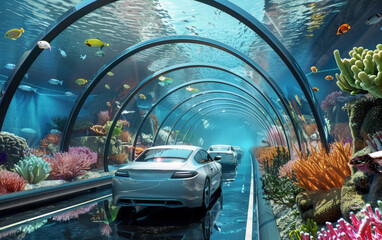 Vehicles traveling in a glass tunnel under the ocean, surrounded by vibrant coral and fish.