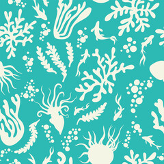 Seamless bright concise marine pattern child vector set with tropical fish, coral, jellyfish, seaweed, starfish and octopus on turquoise background