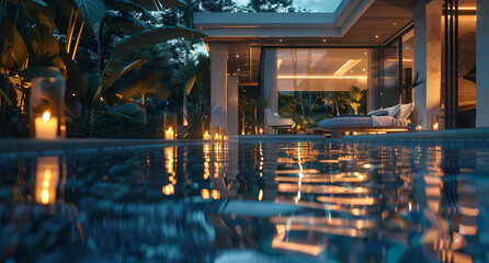 A luxurious poolside setting with the glow of candlelight illuminating an elegant home