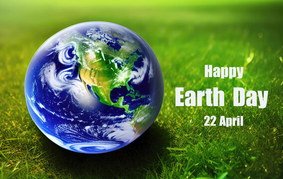 Happy Earth Day greeting card with Earth Globe lies on green grass.Generative AI.