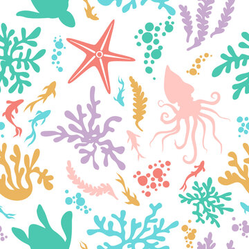 Seamless bright multicolored children's concise marine pattern vector set with tropical fish, coral, jellyfish, seaweed, starfish, bubbles and octopus on white background