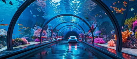 Futuristic car drives through a transparent ocean tunnel surrounded by vibrant marine life. - obrazy, fototapety, plakaty