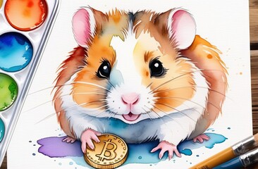 Adorable Hamster Grasping Crypto. Tiny Furry Pet. Holding Bitcoin. Investment Future. Digital Wealth. Market Technology. Financial Coin. Value Money. Inexperienced investor, bad investment, experience - obrazy, fototapety, plakaty