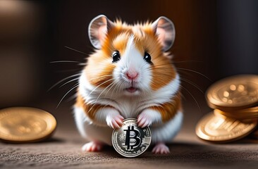 Adorable Hamster Grasping Crypto. Tiny Furry Pet. Holding Bitcoin. Investment Future. Digital Wealth. Market Technology. Financial Coin. Value Money. Inexperienced investor, bad investment, experience - obrazy, fototapety, plakaty