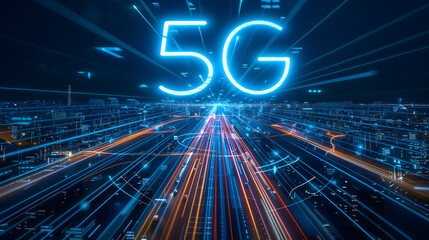 5G technology concept with a cityscape Abstract  background and glowing light streaks