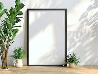 Mockup empty, photo frame, on a wooden table, with plants beside, minimal and clean style