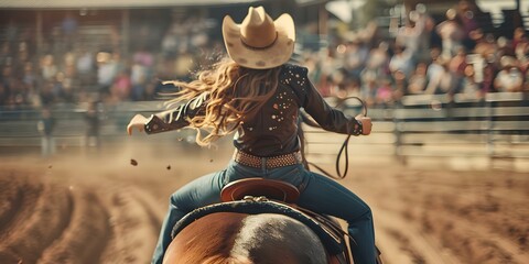 Cowgirl doll in rodeo outfit with lasso riding horse in arena with cheering fans. Concept western theme, cowgirl doll, rodeo outfit, lasso, horse, arena, cheering fans - obrazy, fototapety, plakaty