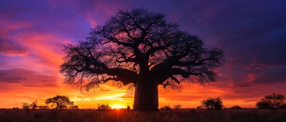 Stunning african baobab tree silhouetted against a fiery sunset sky.