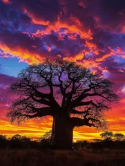 Fototapete Rund Silhouette of a grand baobab tree against a vibrant sunset sky with dramatic clouds. © burntime555