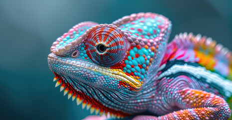 A colorful chameleon with vibrant scales in closeup shot against an abstract background of ocean waves. Created with Ai - obrazy, fototapety, plakaty
