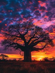 Silhouette of a grand baobab tree against a vibrant sunset sky with dramatic clouds.