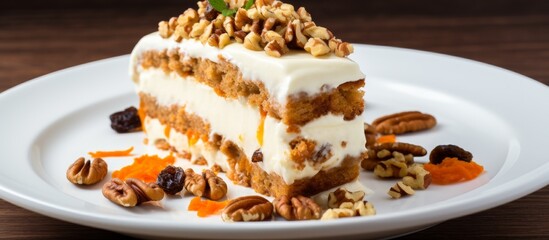 A delicious piece of carrot cake topped with nuts and raisins, served on a white plate. This baked goods dessert is made with fresh produce and a secret ingredient for added flavor