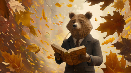 Whimsical Overview manager bear bible hypnotic A friendly bear in a business suit reads a Bible in a hypnotic swirl of autumn leaves