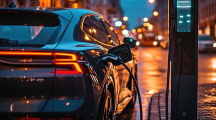 An electric vehicle is being charged at a station, while its wheels, tires, and alloy wheels rest peacefully under the hood. AIG41