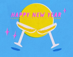 Happy New Year party toasting with champagne, retro illustration