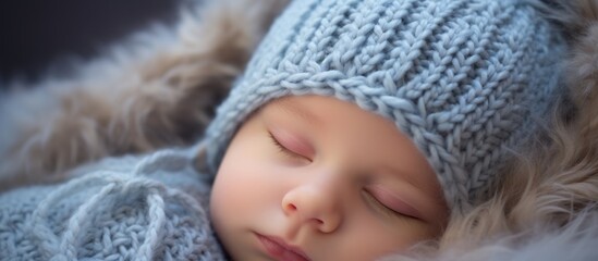 The babys cheeks are rosy under the knitted cap and scarf as they sleep peacefully. A gentle smile plays on their lips, eyelashes fluttering softly against their skin - obrazy, fototapety, plakaty
