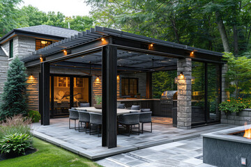 A black steel patio cover and screen room with lights on the roof, in an outdoor living area of a modern home in a natural environment. Created with Ai