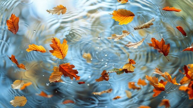 A beautiful image of leaves floating on the surface of a body of water. The leaves are of various sizes and colors, creating a sense of movement and life. The water appears calm and serene