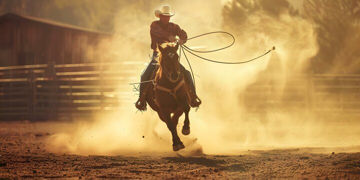 Cowboy roping calf in a dusty rodeo arena showcasing traditional western skills and competition. Concept Western Rodeo Competitions, Cowboy Skills, Calf Roping, Dusty Arena
