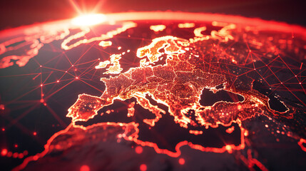 Global communication network concept, The planet earth at night with node connection, Business expansion worldwide background with red background - obrazy, fototapety, plakaty