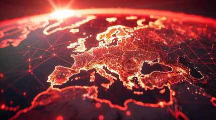 Fotobehang Global communication network concept, The planet earth at night with node connection, Business expansion worldwide background with red background © bagoesanggito