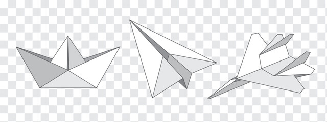 Paper boat and plane. Set of isolated vector illustrations on transparent background - obrazy, fototapety, plakaty