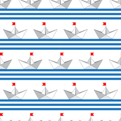 A paper boat with a red flag against a striped blue-white background. Marine seamless pattern, print, vector illustration