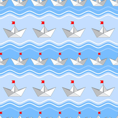 A paper boat with a red flag against a blue background with waves. Marine seamless pattern, print, vector illustration