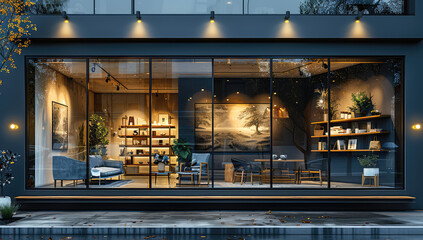 Modern glass house, interior design store front view, shelves and furniture inside, outside of the building is a grey color with black metal frames. Created with Ai