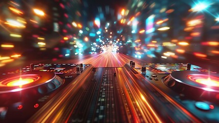 A DJ set with two turntables and a keyboard. The turntables are lit up with red and yellow lights. Scene is energetic and exciting