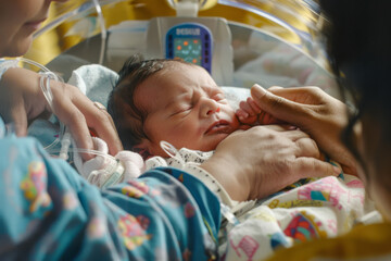 Young mother and her newborn son in the hospital ward. New life concept
 - obrazy, fototapety, plakaty