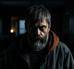 Obraz premium A man with a beard and hoodie standing in the dark. Generative AI.