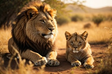 Fototapeta premium A lion and cub sitting in the dirt next to each other. Generative AI.