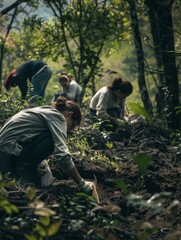 A group of people in the woods digging up something. Generative AI.