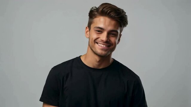 young man wearing a black t-shirt is smiling while looking at the camera on a clean white background