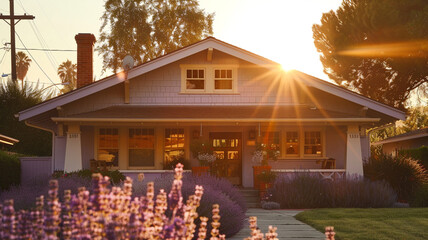 The brilliant light of midday highlighting the details of a dusty lavender Craftsman style house,...