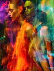 Obraz na płótnie Canvas Dynamic Portrait of Woman Surrounded by Luminous Motion Trails in Vivid Orange