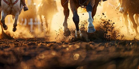 Horses kicking up dust in a rodeo arena during competition capturing the competitive spirit in action. Concept Rodeo Competition, Dusty Arena, Competitive Spirit, Action Shots, Horses,externally - obrazy, fototapety, plakaty